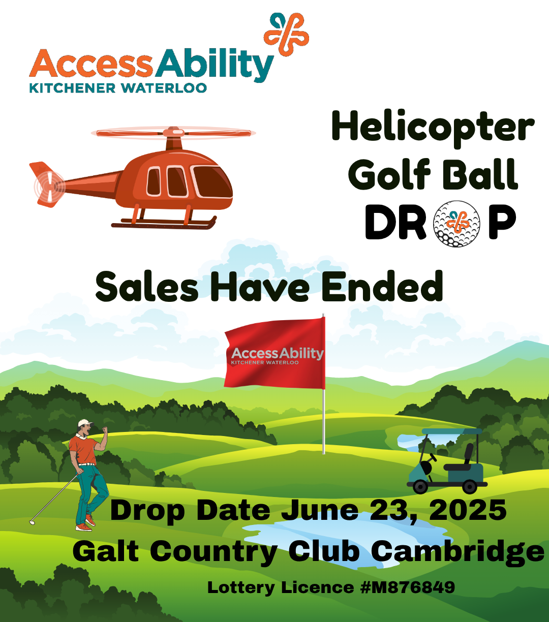 Image of a Helicopter at top with the text below "Helicopter Golf Ball Drop at the Annual Golf Tournament in support of KW AccessAbility $20 per ball for a chance to win up to $10,000