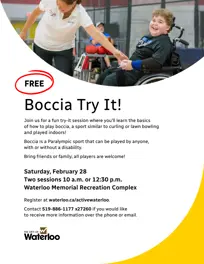 Promo for Boccia Try It! at Waterloo Memorial Recreation Complex Saturday February 28 at either 10 am or 12:30 pm. Text detail follows this image