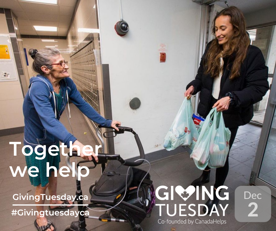 Giving Tuesday Promo. A volunteer assisting  a lady with a walker